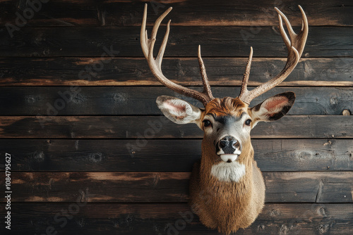 A mounted deer head displayed against a wooden wall, showcasing taxidermy artistry. photo