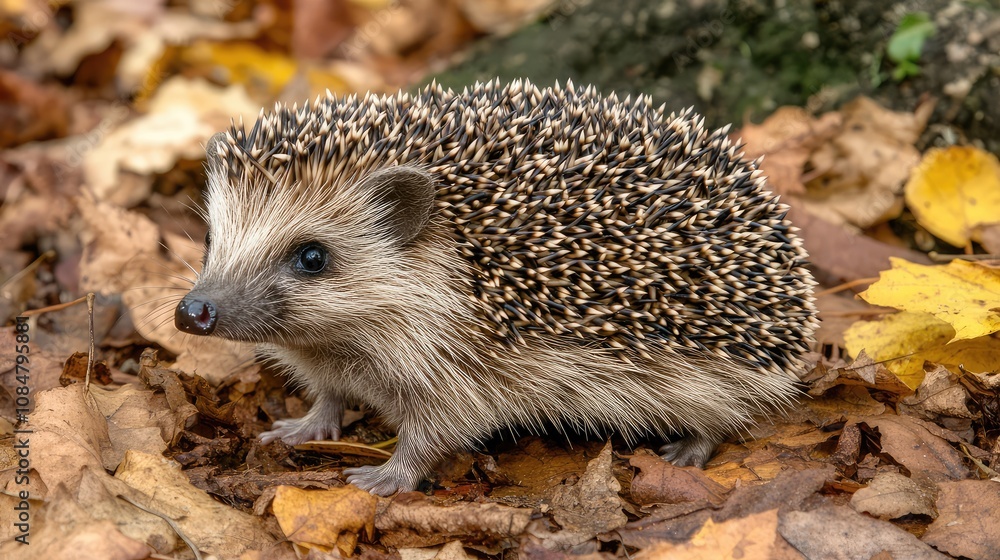 Fototapeta premium Hedgehog on Autumn Leaves in Forest Highlighting Nature's Beauty and Wildlife in Natural Habitat Surrounded by Vibrant Fall Colors and Texture Patterns