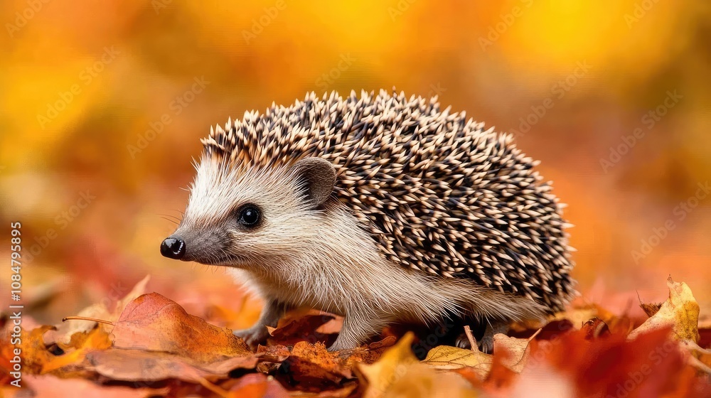 Fototapeta premium Adorable hedgehog walking among vibrant autumn leaves in a warm, colorful woodland setting, showcasing nature's beauty and wildlife charm in fall season.