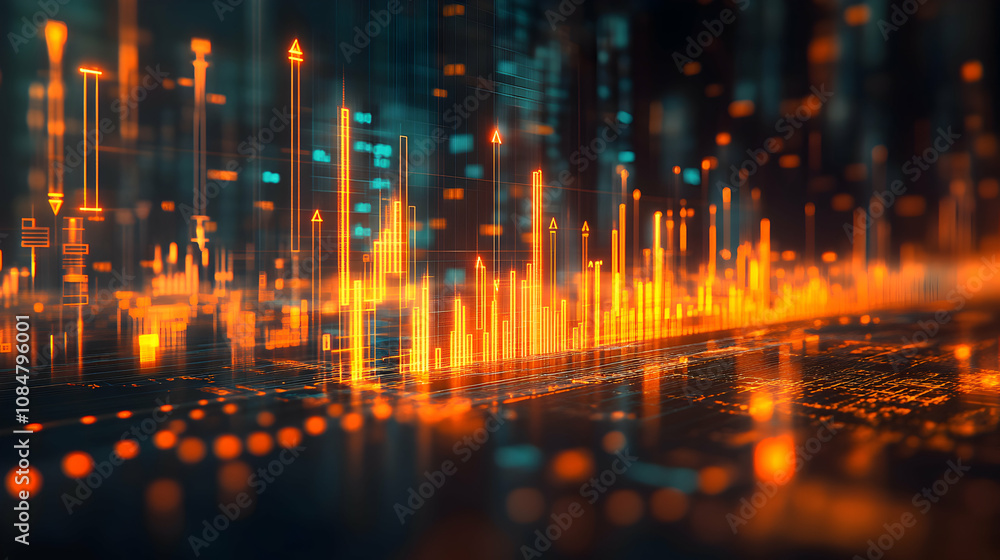 Fototapeta premium Abstract 3D Digital Background: Glowing Orange Data Charts Ascending Dynamically in a Futuristic Cyberspace