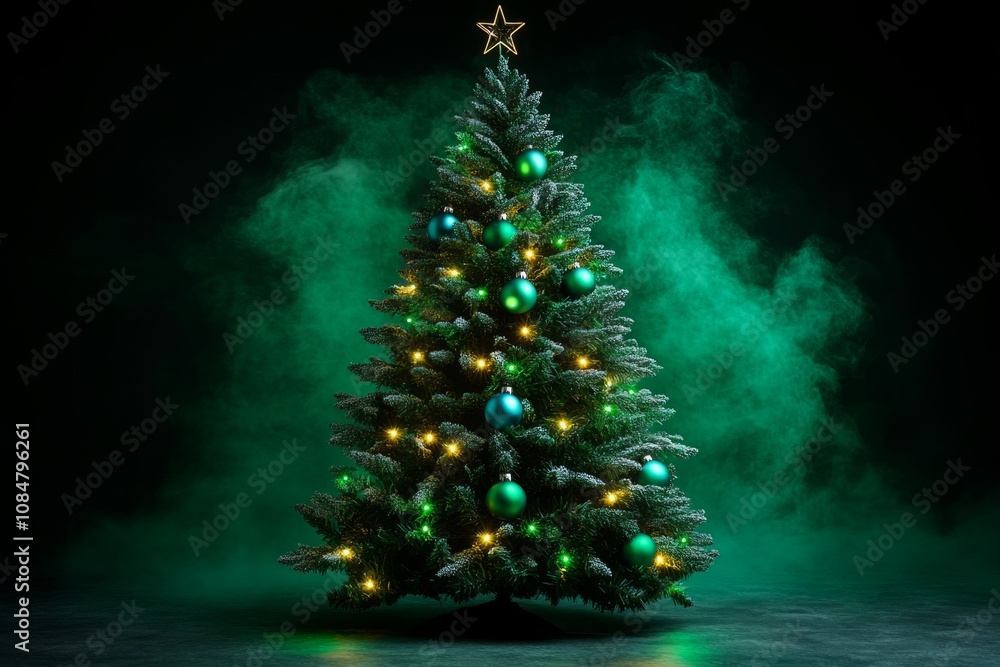 A sparkling Christmas tree with emerald green and teal lights, under a misty forest green sky with a mysterious, enchanted forest feel A sparkling Christmas tree with emerald green and teal lights, under a misty forest green sky with a mysterious, enchanted forest feel
