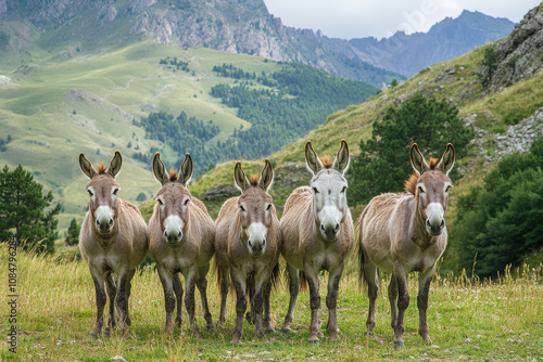 A group of five donkeys standing in a lush green landscape with mountains in the background.