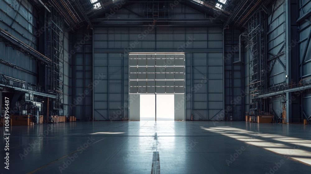 Vast Industrial Hangar with Open Doors, Sunlight Streaming In Vast Industrial Hangar with Open Doors, Sunlight Streaming In