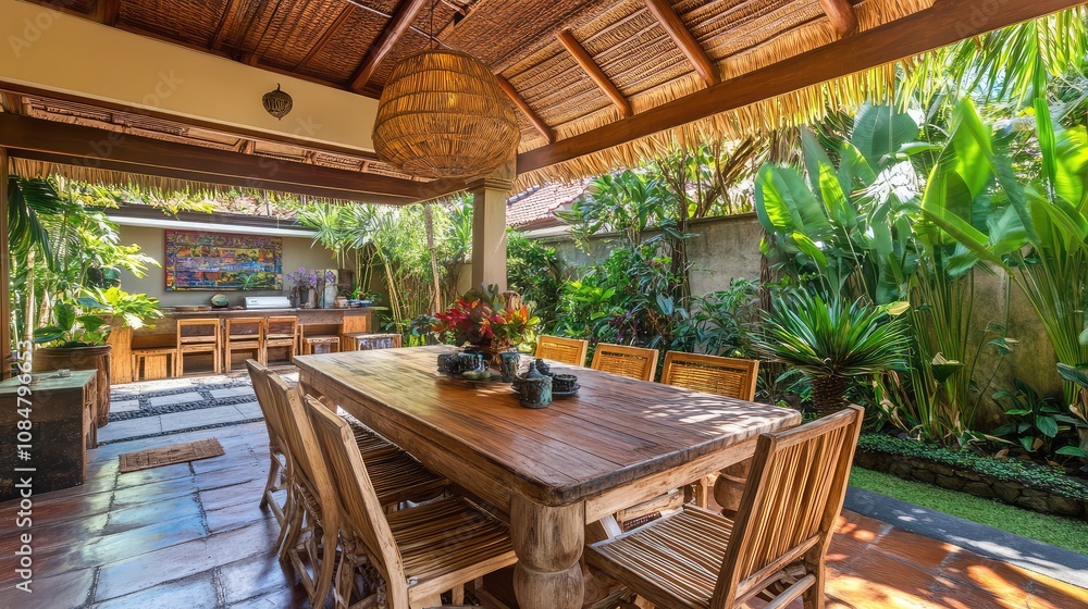 Serene Outdoor Dining Area in Tropical Garden with Rustic Wooden Table Surrounded by Lush Greenery and Natural Elements Enhancing Relaxation and Enjoyment Serene Outdoor Dining Area in Tropical Garden with Rustic Wooden Table Surrounded by Lush Greenery and Natural Elements Enhancing Relaxation and Enjoyment