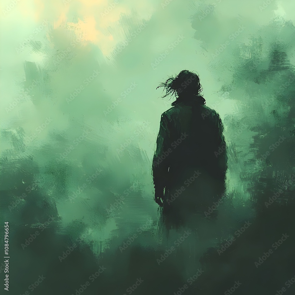A solitary figure with long hair stands amidst a misty green atmosphere, evoking a sense of introspection and mystery, emphasizing the emotional depth of the scene. A solitary figure with long hair stands amidst a misty green atmosphere, evoking a sense of introspection and mystery, emphasizing the emotional depth of the scene.