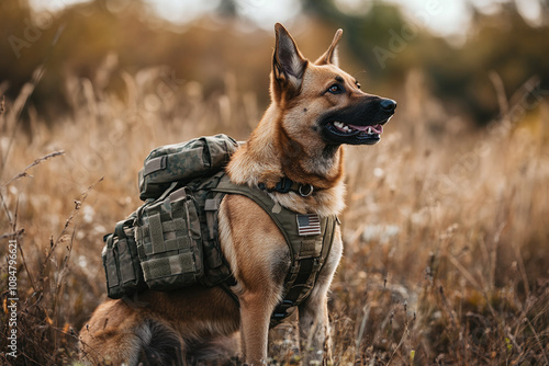 A well-trained military dog wearing tactical gear, poised in a focused stance against a blurred outdoor background. photo