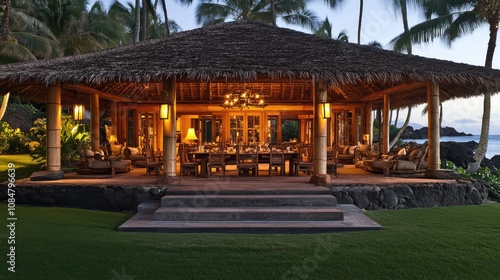 Beautiful Tropical Pavilion Surrounded by Lush Greenery and Palm Trees at Dusk, Perfect for Outdoor Gatherings and Relaxation in Paradise