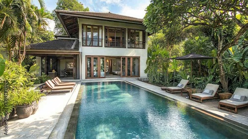 Wallpaper Mural Modern villa with stunning pool and lush tropical garden surrounded by greenery, perfect for relaxation and leisure in a serene outdoor setting Torontodigital.ca