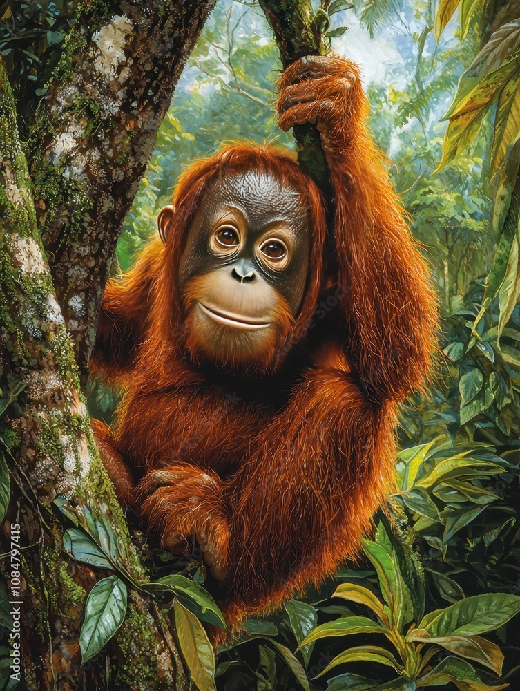 Obraz premium Playful Young Orangutan Hanging on Tree Branch in Lush Tropical Forest Surrounded by Vibrant Green Leaves and Soft Natural Light