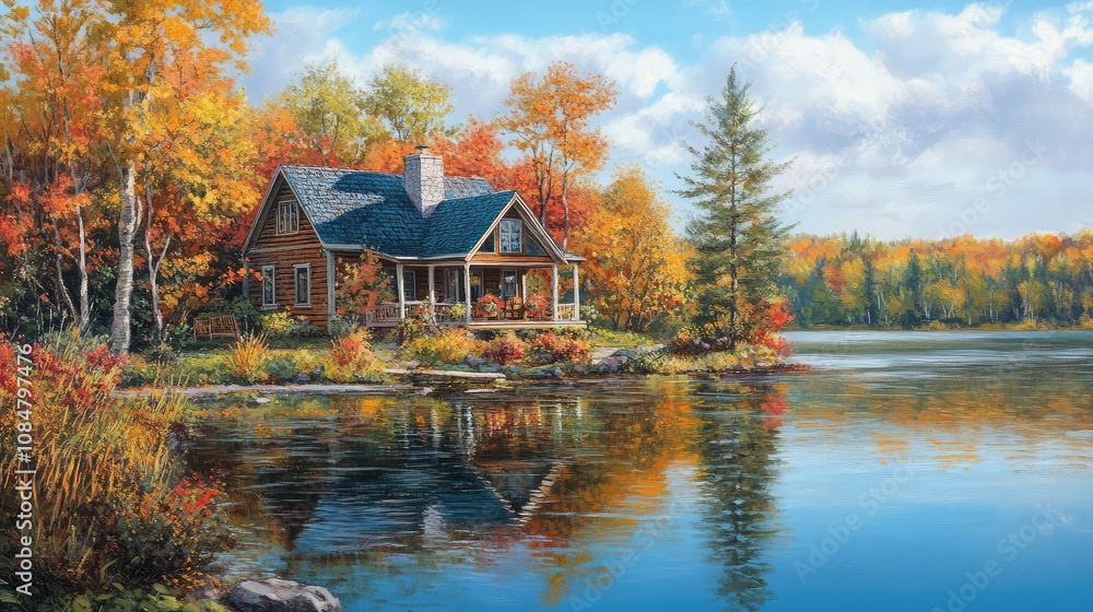 Serene autumn landscape featuring a cozy cabin by a tranquil lake, surrounded by vibrant fall foliage, reflecting the colorful trees under a bright blue sky. Serene autumn landscape featuring a cozy cabin by a tranquil lake, surrounded by vibrant fall foliage, reflecting the colorful trees under a bright blue sky.