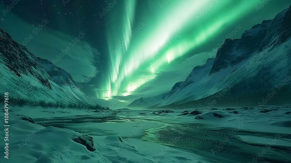 Fototapeta premium Aurora Borealis Illuminates a Frozen River Valley at Night