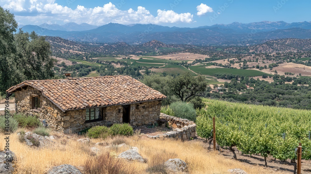 custom made wallpaper toronto digitalScenic Vineyard Landscape with Rustic Stone Cottage Surrounded by Lush Greenery and Rolling Hills under a Clear Blue Sky