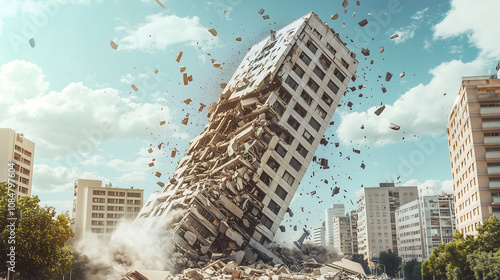collapsing futuristic skyscraper symbolizes urban decay and disaster, surrounded by modern buildings and debris. scene evokes sense of chaos and destruction