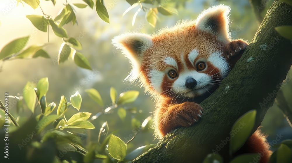 Adorable Red Panda Playfully Peeking from a Tree Branch Surrounded by Lush Green Leaves in a Sunlit Forest Setting, Capturing Nature's Beauty and Wildlife Wonders Adorable Red Panda Playfully Peeking from a Tree Branch Surrounded by Lush Green Leaves in a Sunlit Forest Setting, Capturing Nature's Beauty and Wildlife Wonders