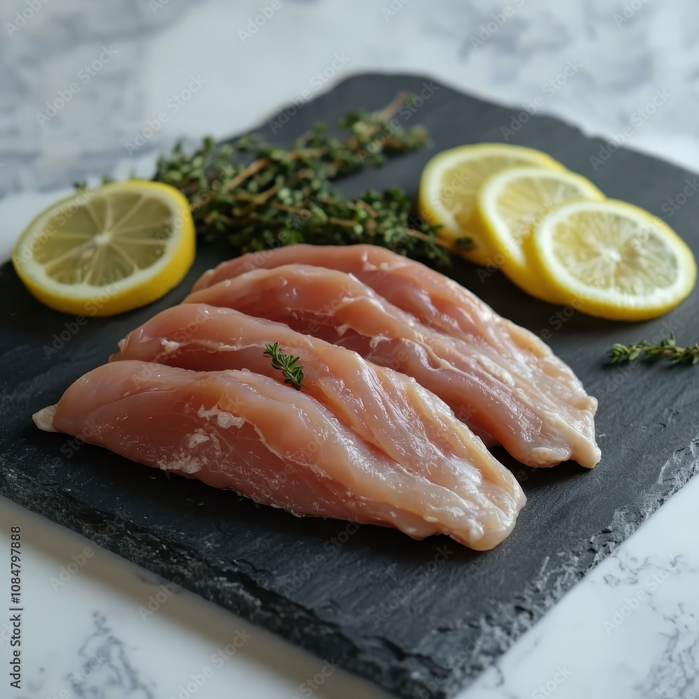 Fresh Chicken Breast Fillets on Slate Board Surrounded by Slices of Lemon and Sprigs of Thyme for Healthy Cooking and Meal Preparation