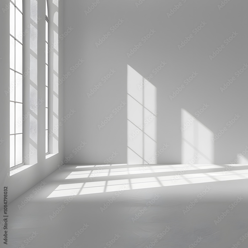 Obraz premium A minimalist interior with large windows casting shadows on a white wall.