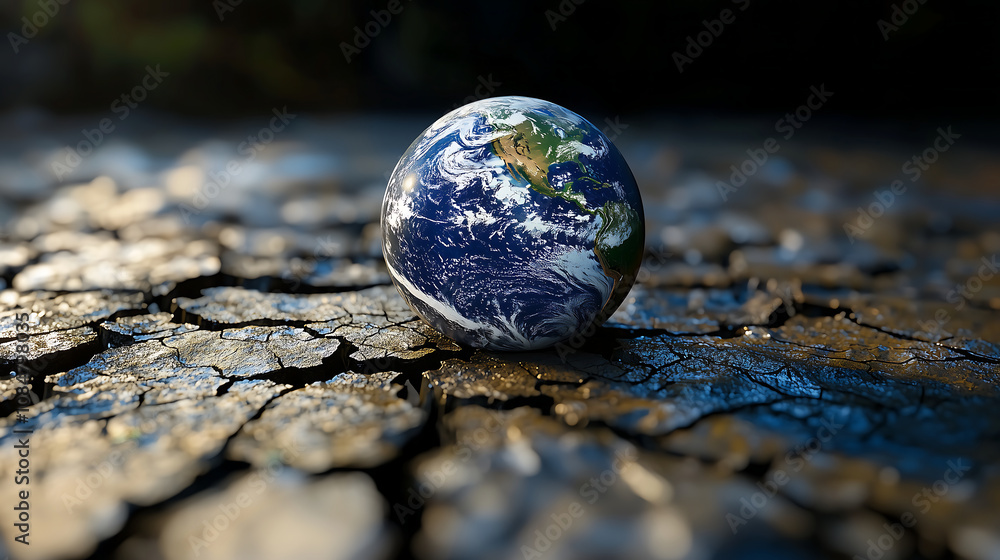 globe representing Earth rests on cracked, dry ground, symbolizing environmental degradation and climate change. scene evokes sense of urgency and concern for planet future globe representing Earth rests on cracked, dry ground, symbolizing environmental degradation and climate change. scene evokes sense of urgency and concern for planet future