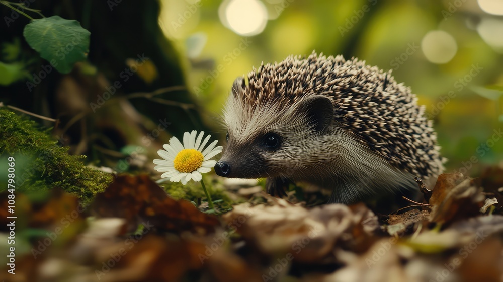 Fototapeta premium Adorable Hedgehog Sniffs Delicate Daisy Flower in a Lush Green Garden Surrounded by Colorful Leaves and Soft Natural Light