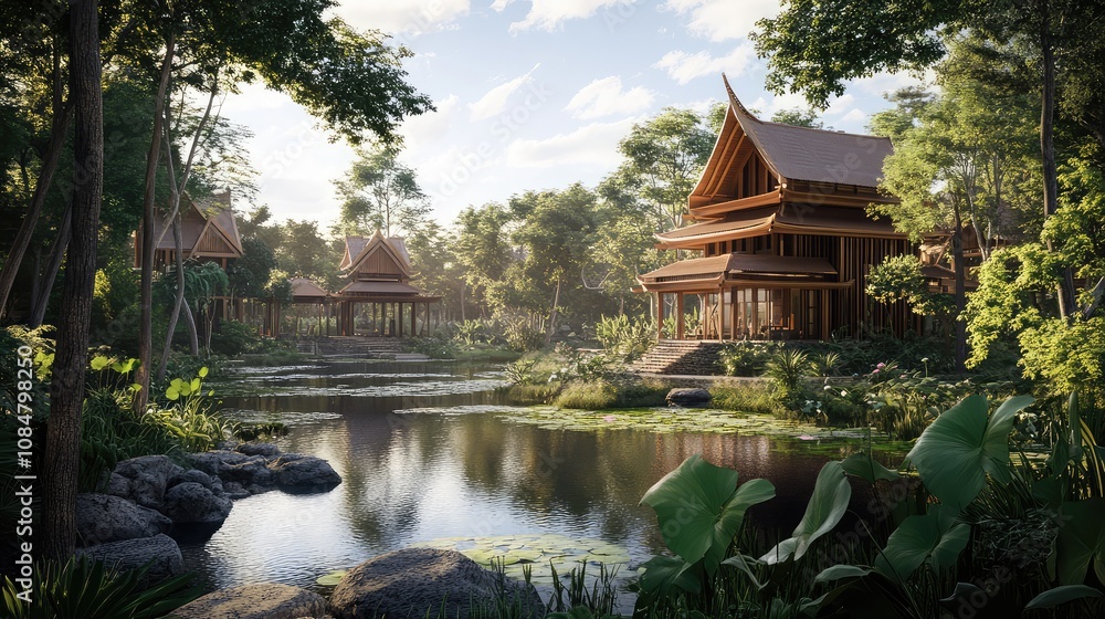 Naklejka premium Tranquil Thai Landscape with Traditional Architecture Surrounded by Lush Greenery and Serene Waterways Under a Clear Blue Sky