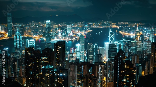 A cityscape at night with illuminated skyscrapers and bustling streets, Urban nightlife scene, Modern lifestyle style