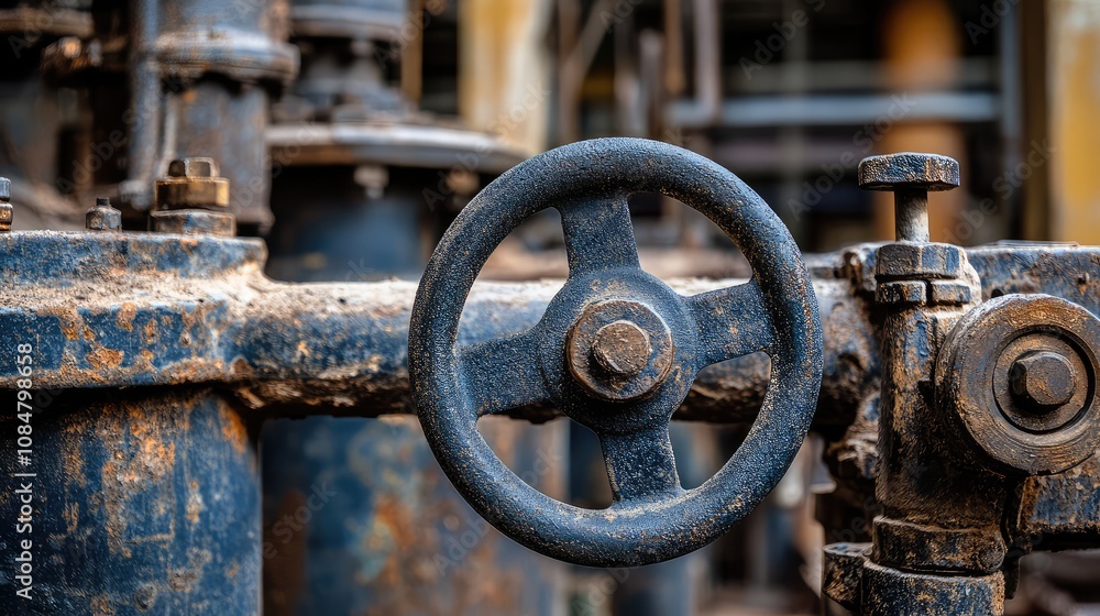 Detailed Close-Up of an Industrial Valve Wheel on a Weathered Machine Surface in an Abandoned Factory Setting Showcasing Rust and Patina Accumulation Detailed Close-Up of an Industrial Valve Wheel on a Weathered Machine Surface in an Abandoned Factory Setting Showcasing Rust and Patina Accumulation