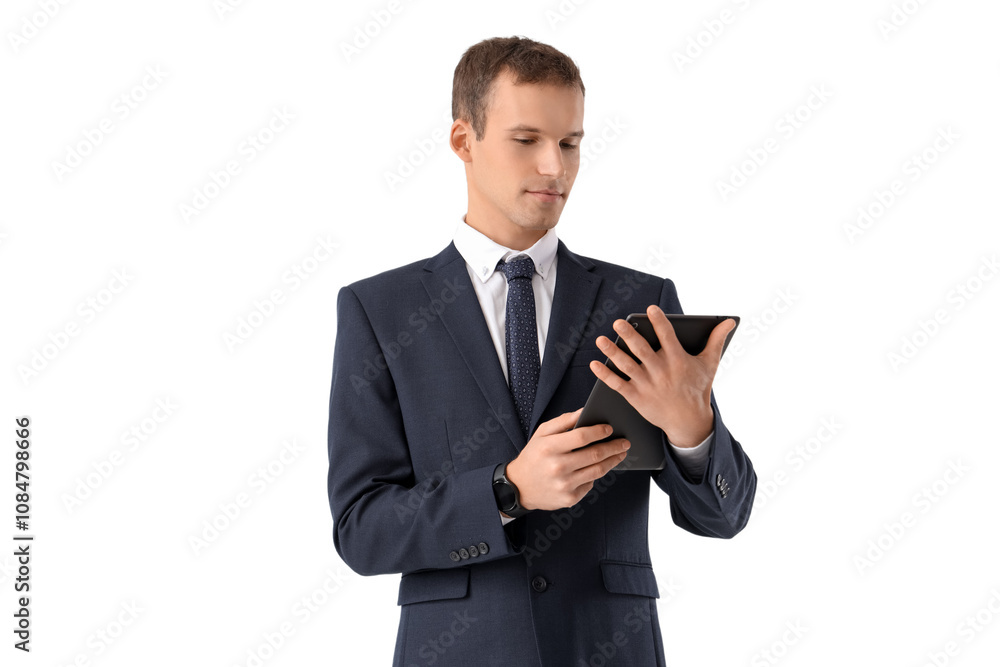 Handsome businessman in suit with tablet computer on white background Handsome businessman in suit with tablet computer on white background