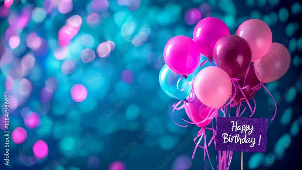 A bunch of colorful balloons and a “Happy Birthday” sign are set against a sparkling bokeh background, creating a festive vibe.
