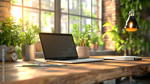 Sunlit Workspace: Laptop on Wooden Desk with Plants, Notebook, and Alarm Clock