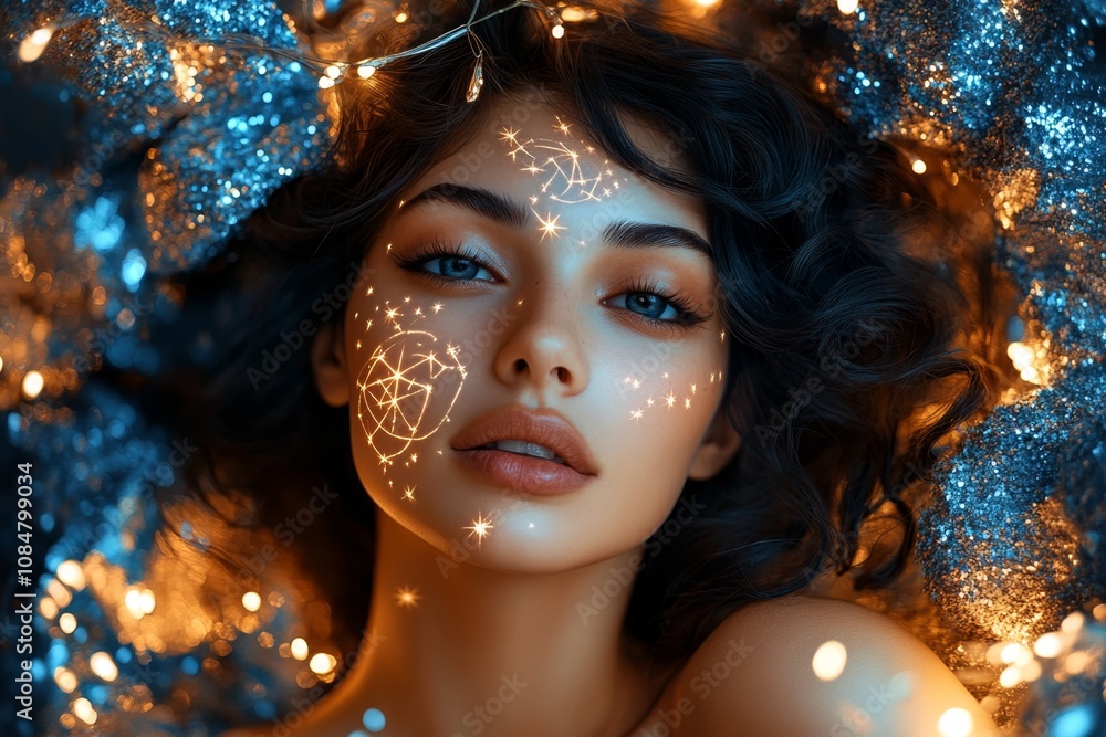 Magical portrait of a woman with celestial symbols on her skin, surrounded by soft stars and moonlight Magical portrait of a woman with celestial symbols on her skin, surrounded by soft stars and moonlight
