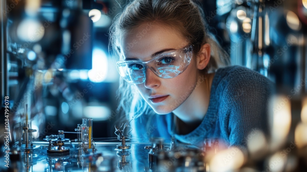 Young Female Scientist Focused on Experiment in High-Tech Laboratory Surrounded by Scientific Equipment and Laboratory Glassware Young Female Scientist Focused on Experiment in High-Tech Laboratory Surrounded by Scientific Equipment and Laboratory Glassware