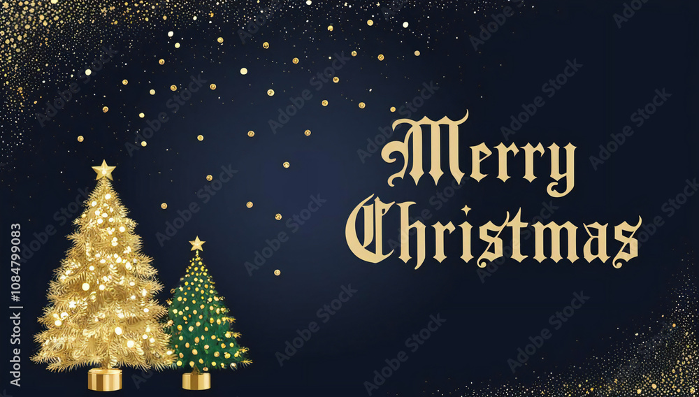 Naklejka premium Merry Christmas card, Christmas background with a tree on a navy background and a Merry Christmas message