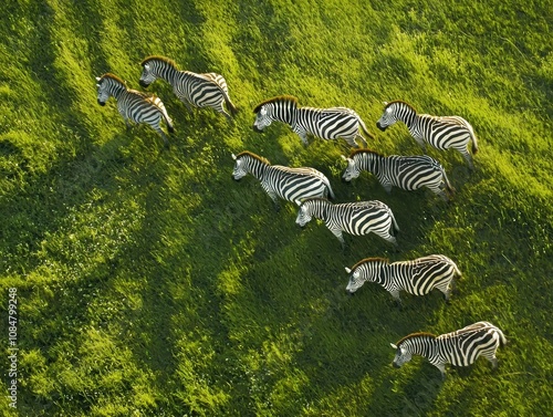Aerial View of a Herd of Striped Zebras Grazing Gracefully Across a Lush Green Meadow under Bright Sunshine in a Stunning Natural Environment