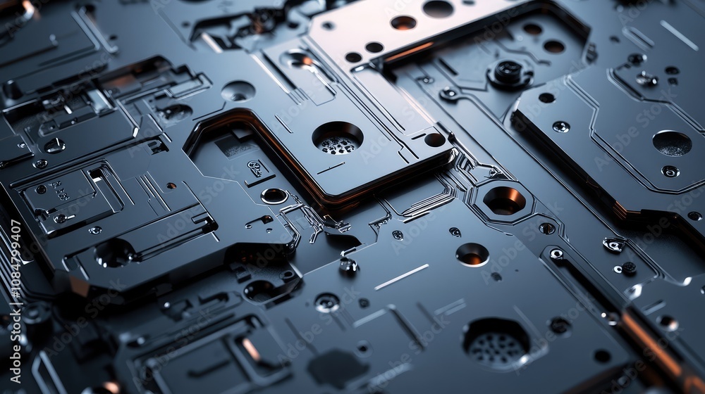 Fototapeta premium Abstract Close-Up of Intricate Metallic Circuit Board Details with Glossy Finish Illuminated by Soft Light in Modern Technology Theme