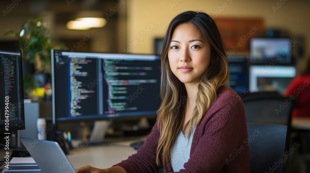 Young female programmer focused on coding while sitting at her desk in a modern office environment surrounded by computer screens displaying code and technology. Young female programmer focused on coding while sitting at her desk in a modern office environment surrounded by computer screens displaying code and technology.