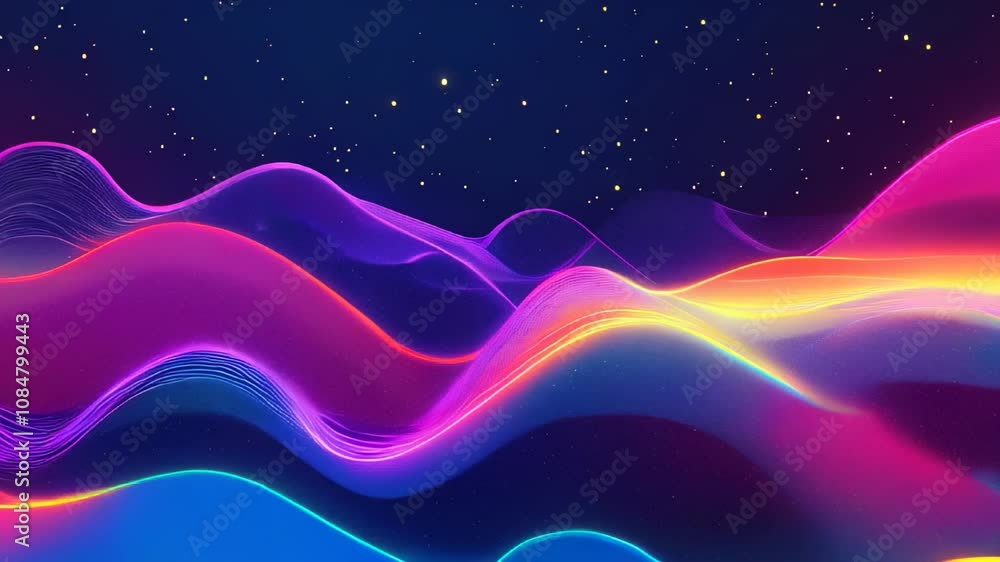An abstract neon landscape featuring bright, curved waves in pink, purple, and blue tones with a starry sky backdrop, creating a futuristic feel. An abstract neon landscape featuring bright, curved waves in pink, purple, and blue tones with a starry sky backdrop, creating a futuristic feel.
