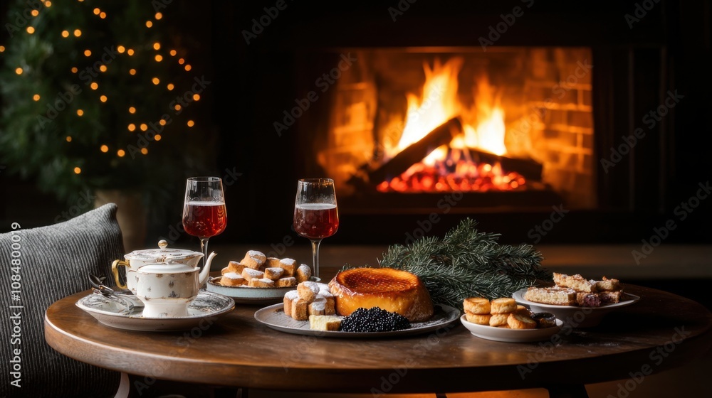 Fototapeta premium French New Year Food. A cozy holiday scene featuring a table with festive treats, drinks, and a warm fireplace in the background, creating a perfect atmosphere for celebration.