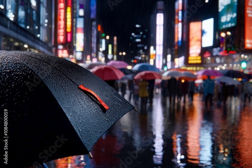 Realistic rainy night in a bustling city, with neon lights reflecting on wet streets and people holding umbrellas photo