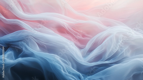 Soft pastel waves of flowing energy create serene and calming atmosphere, blending gentle hues of pink and blue. This abstract image evokes sense of tranquility and fluidity