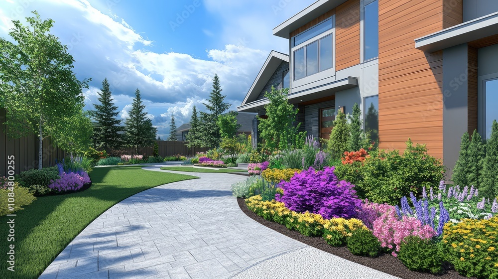 Naklejka premium Beautiful residential landscape design featuring colorful flowers, lush greenery, and a stone pathway leading to a modern home against a vibrant sky.