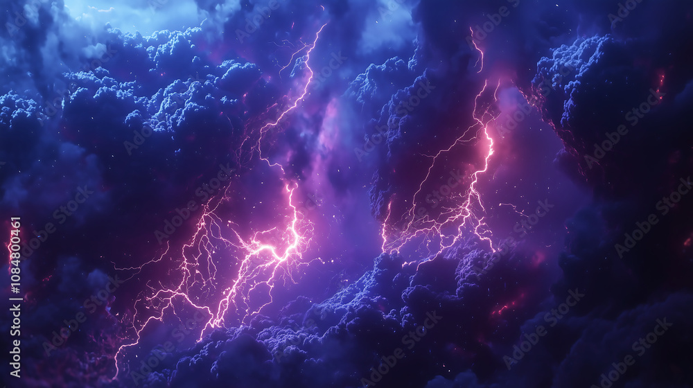 Dramatic dark storm clouds illuminated by bright lightning strikes create captivating and intense atmosphere. vibrant colors enhance sense of power and energy in scene Dramatic dark storm clouds illuminated by bright lightning strikes create captivating and intense atmosphere. vibrant colors enhance sense of power and energy in scene
