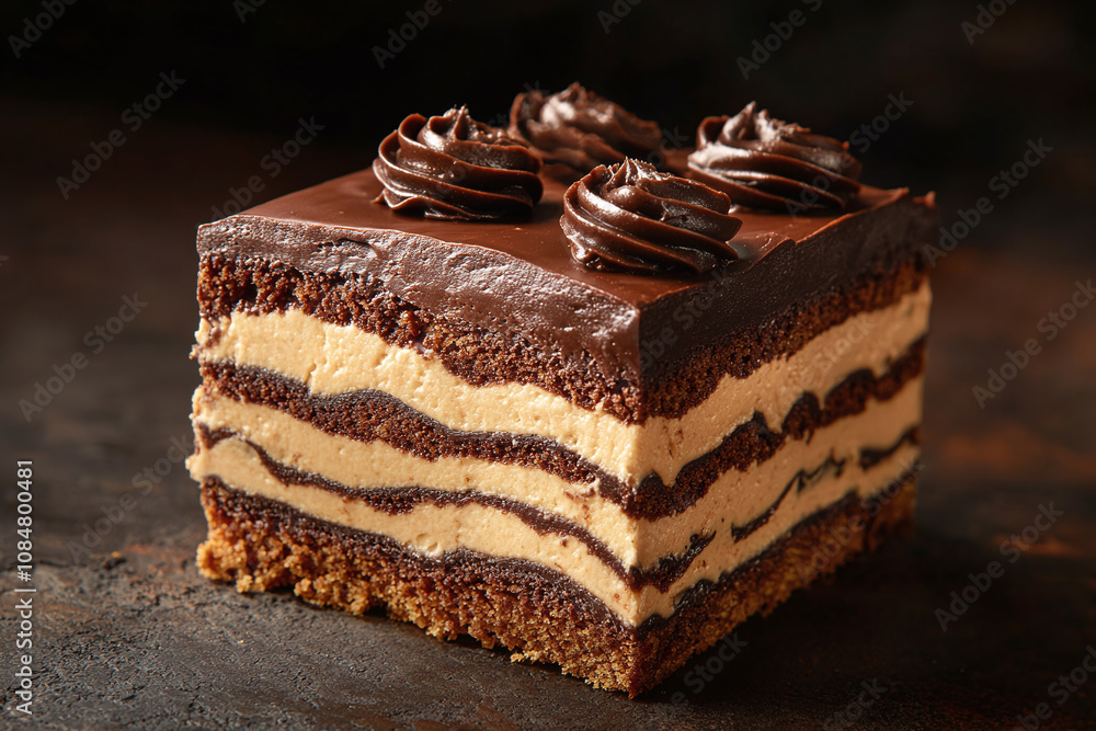 Obraz premium Close-up of a chocolate cake slice, showing intricate layers and rich frosting, on a dark background.