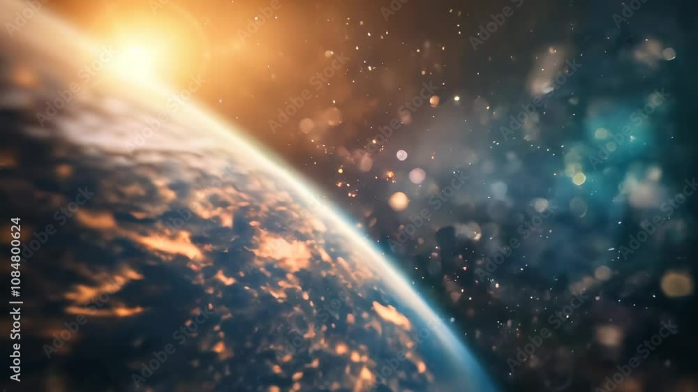 View of Earth from space with golden sunlight and sparkling stars, evoking a sense of wonder and the vastness of the universe. View of Earth from space with golden sunlight and sparkling stars, evoking a sense of wonder and the vastness of the universe.