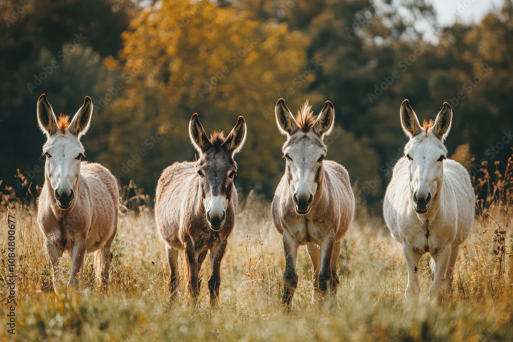 Four donkeys standing in a grassy field with trees in the background. Four donkeys standing in a grassy field with trees in the background.
