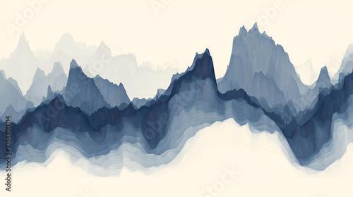 Abstract mountain landscape in muted blue tones, showcasing layered peaks and valleys, creating serene and tranquil atmosphere