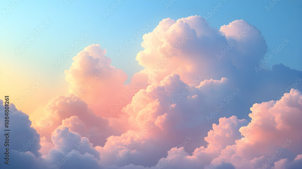 Dreamlike Pastel Cloudscape: A Digital Painting of Fluffy Cumulus Clouds Illuminated by a Soft Sunrise, Creating a Serene and Tranquil Atmosphere. Dreamlike Pastel Cloudscape: A Digital Painting of Fluffy Cumulus Clouds Illuminated by a Soft Sunrise, Creating a Serene and Tranquil Atmosphere.