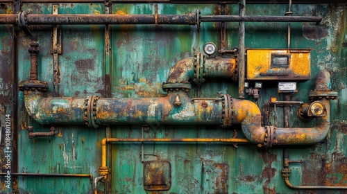 Rusty Industrial Pipes on Distressed Green Wall Highlighting the Beauty of Decay and Abandoned Machinery in an Urban Environment