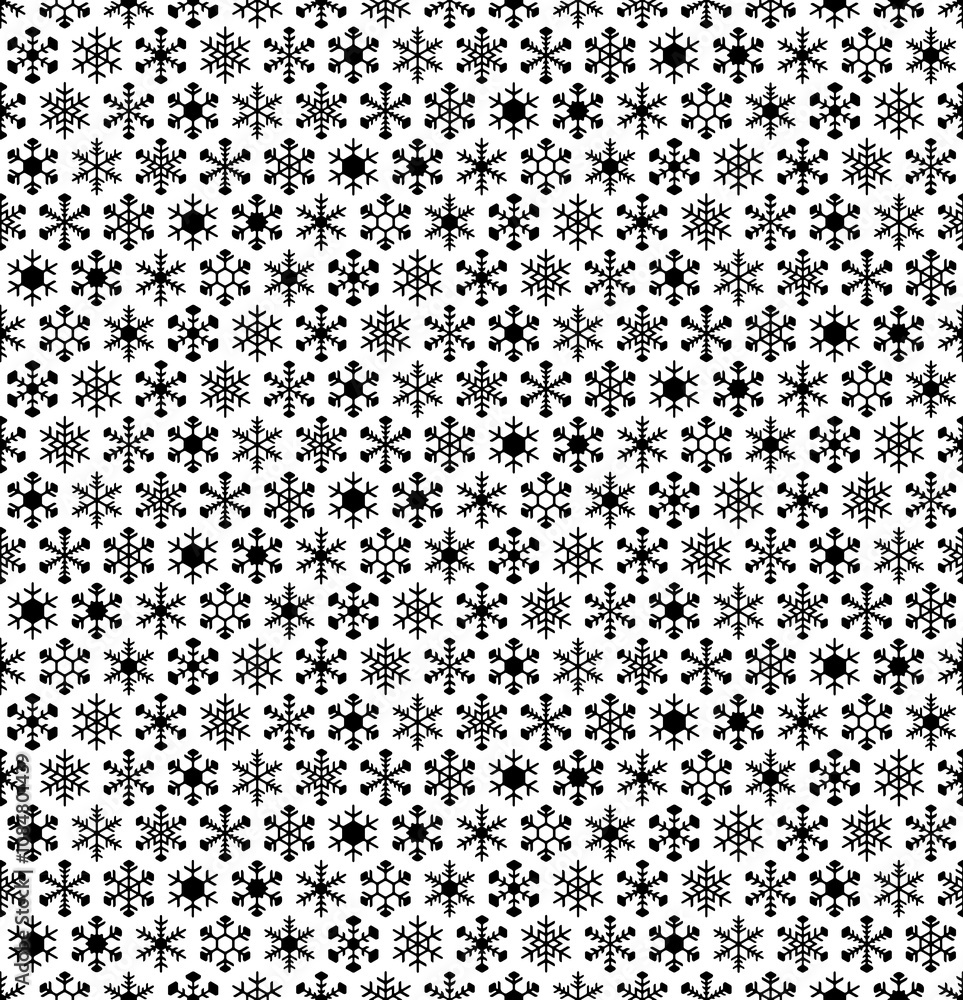 多彩な雪の結晶で描いた、冬の白黒シームレスパターン