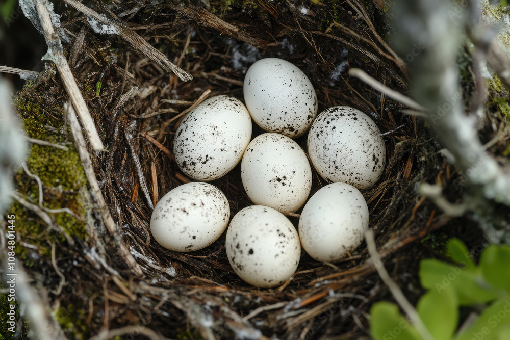 A nest containing eight speckled eggs resting among twigs and moss. A nest containing eight speckled eggs resting among twigs and moss.