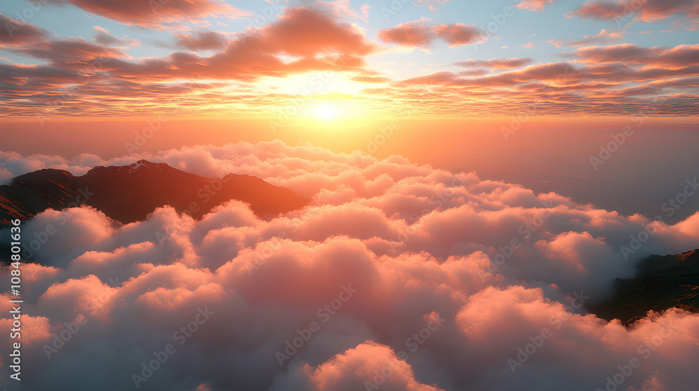 Digital 3D Render of Sunset over Mountains, Cloudscape, and Sea Digital 3D Render of Sunset over Mountains, Cloudscape, and Sea