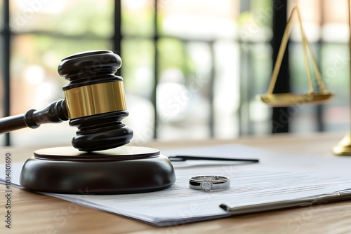 A gavel and wedding ring on legal documents, symbolizing justice and marriage.